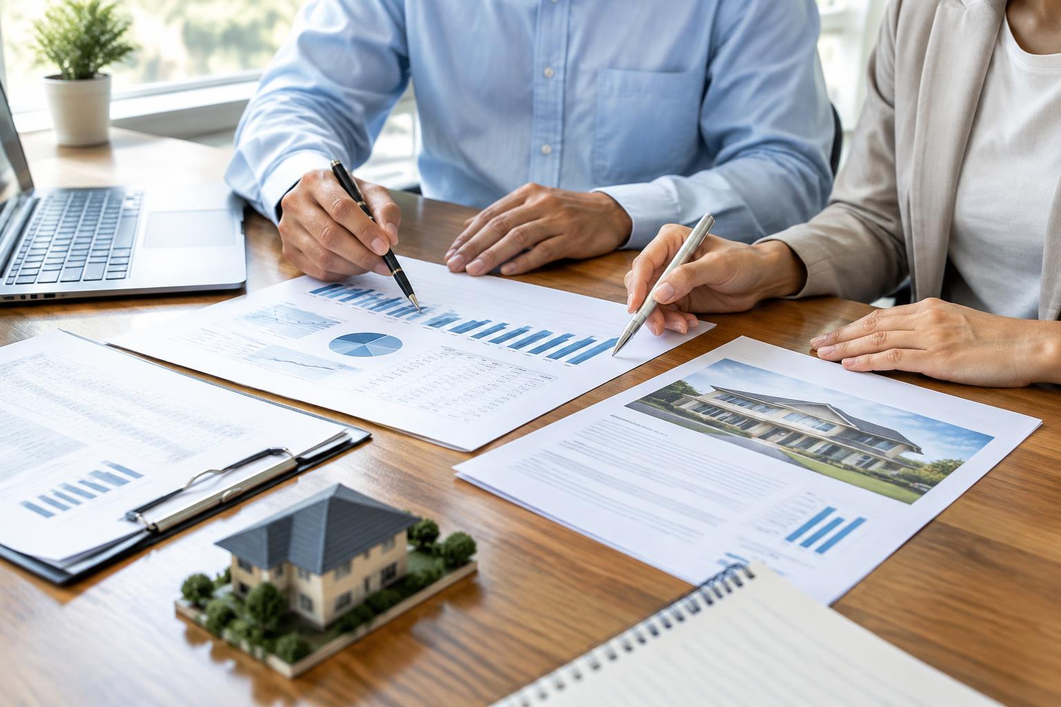 Imagem ilustrativa de profissionais analisando documentos e gráficos de uma operação imobiliária